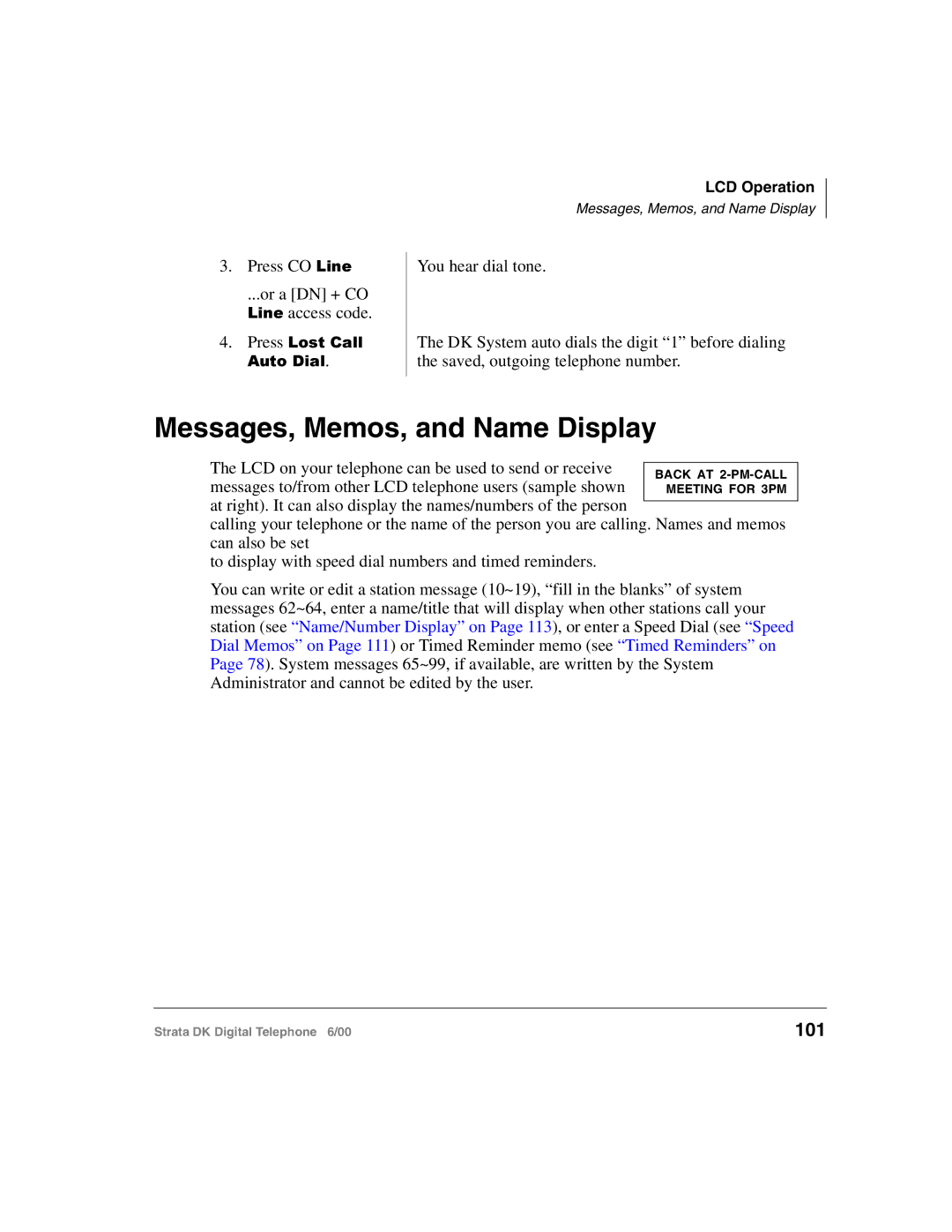 Toshiba 2000-series manual Messages, Memos, and Name Display, 101 