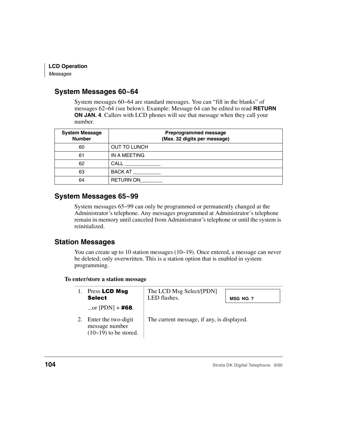 Toshiba 2000-series System Messages 60~64, System Messages 65~99, Station Messages, 104, To enter/store a station message 