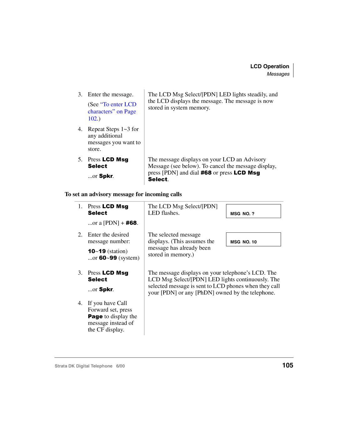 Toshiba 2000-series manual 105, To set an advisory message for incoming calls 