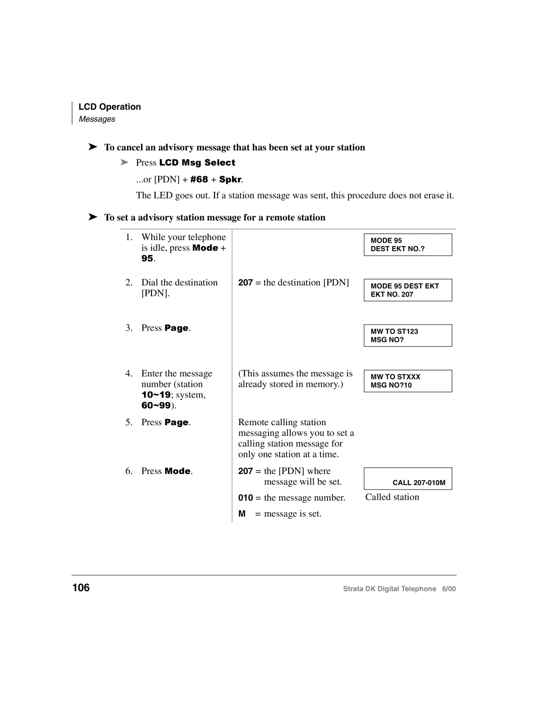 Toshiba 2000-series manual 106, To set a advisory station message for a remote station 