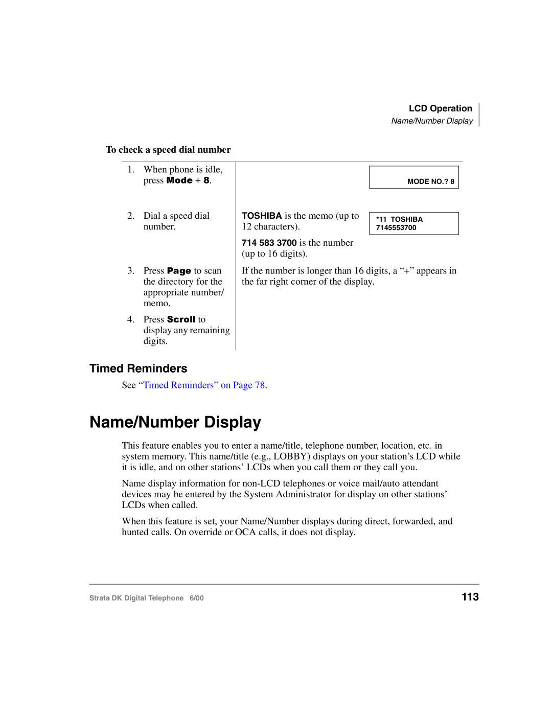 Toshiba 2000-series manual Name/Number Display, Timed Reminders, 113, To check a speed dial number 