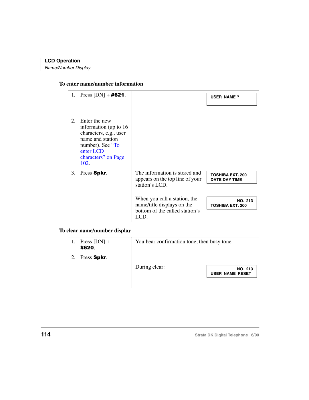 Toshiba 2000-series manual To enter name/number information, To clear name/number display, During clear 