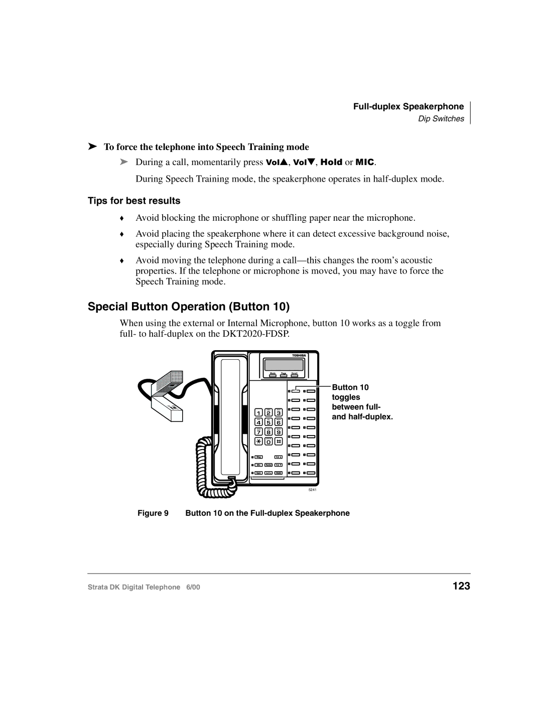 Toshiba 2000-series manual Special Button Operation Button, 123, To force the telephone into Speech Training mode 