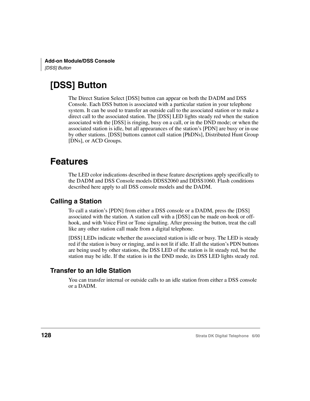 Toshiba 2000-series manual DSS Button, Features, Calling a Station, Transfer to an Idle Station, 128 