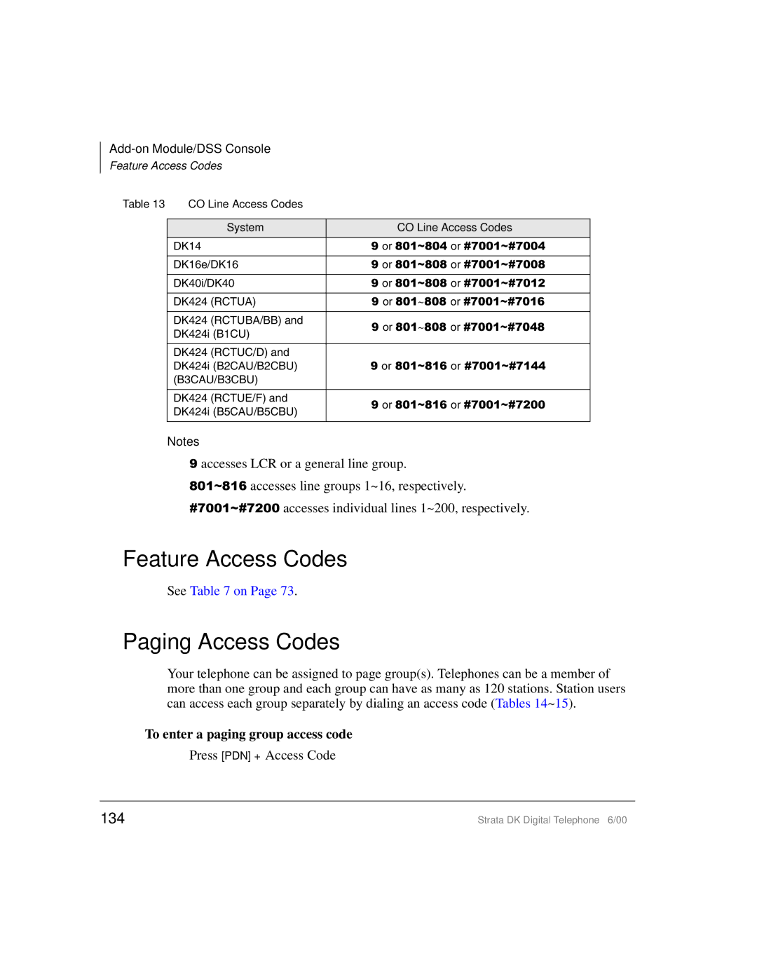 Toshiba 2000-series manual Feature Access Codes, Paging Access Codes, 134, To enter a paging group access code 