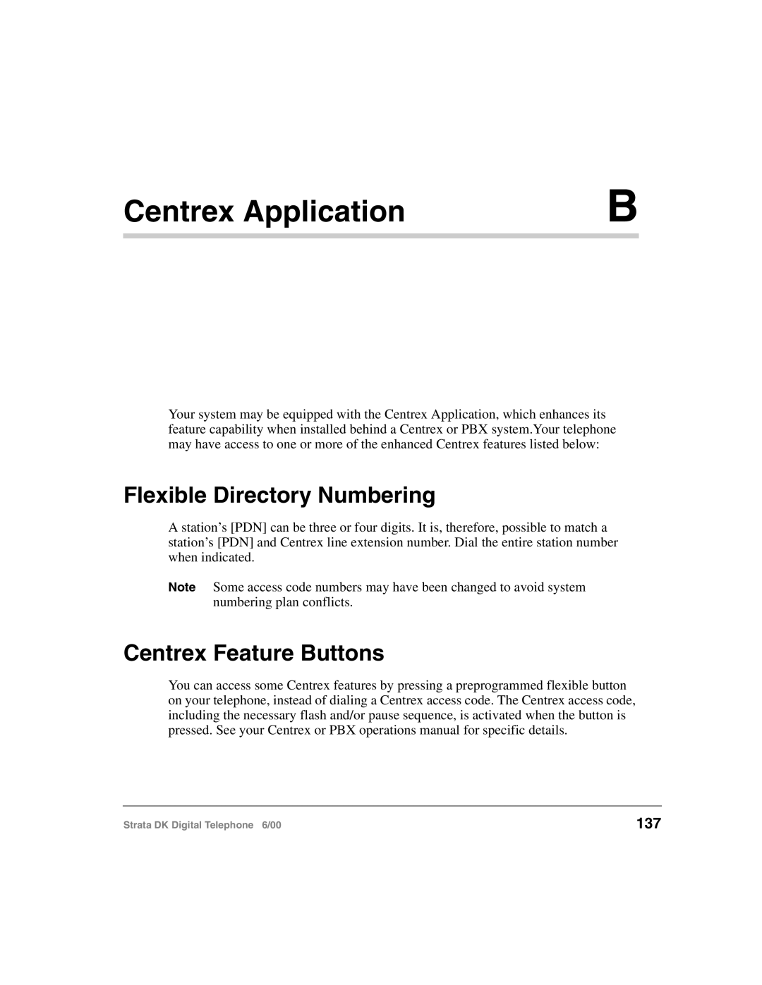 Toshiba 2000-series manual Centrex Application, Flexible Directory Numbering, Centrex Feature Buttons, 137 