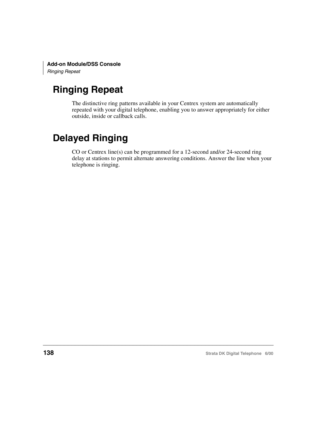 Toshiba 2000-series manual Ringing Repeat, Delayed Ringing, 138 