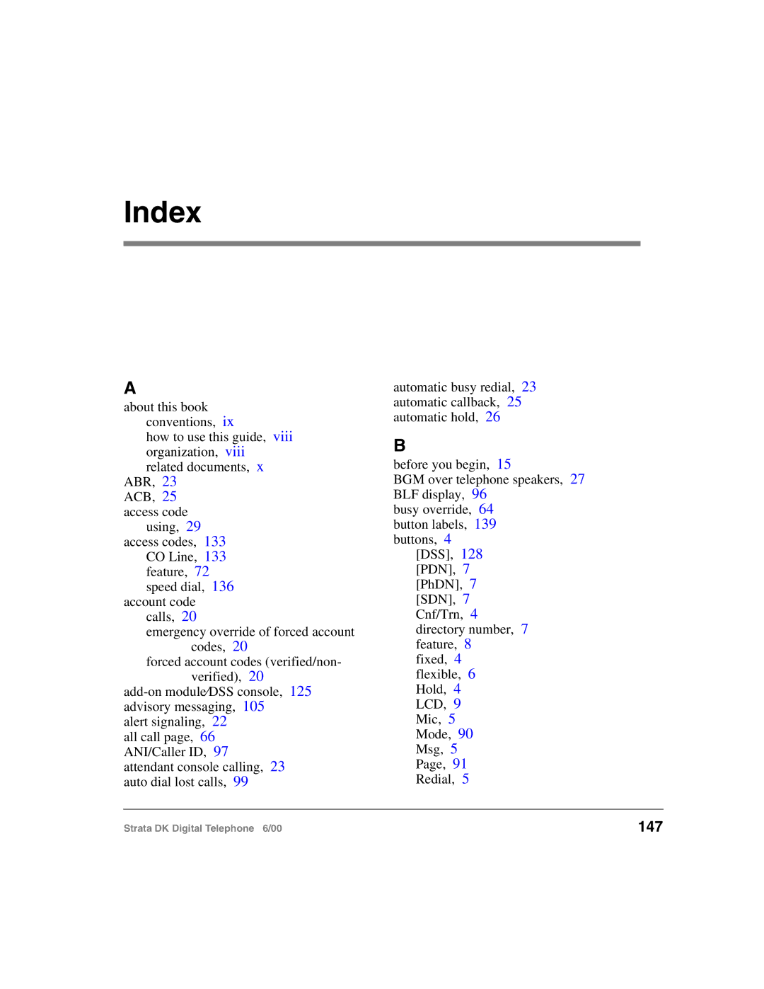 Toshiba 2000-series manual Index, 147 