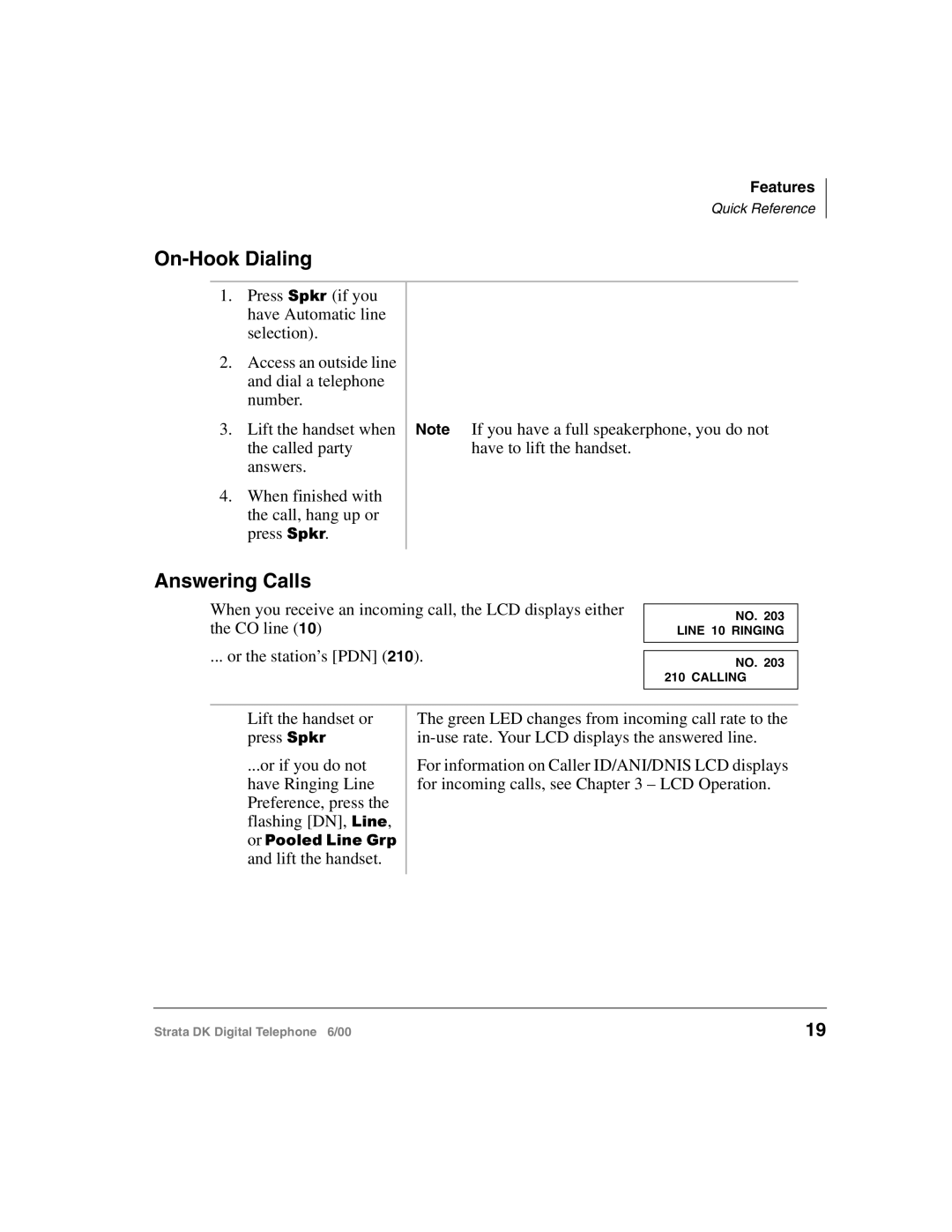 Toshiba 2000-series manual On-Hook Dialing, Answering Calls 