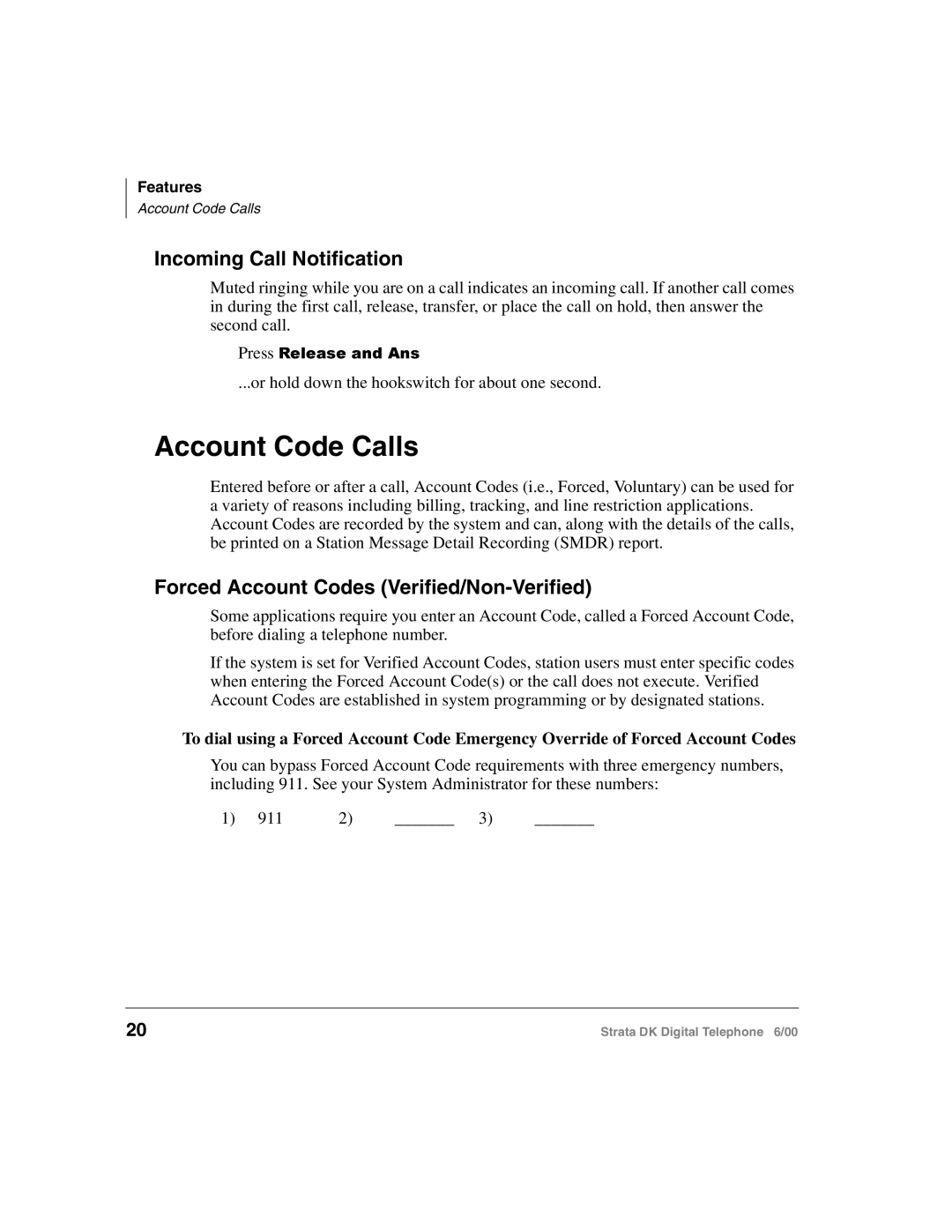 Toshiba 2000-series manual Account Code Calls, Incoming Call Notification, Forced Account Codes Verified/Non-Verified 