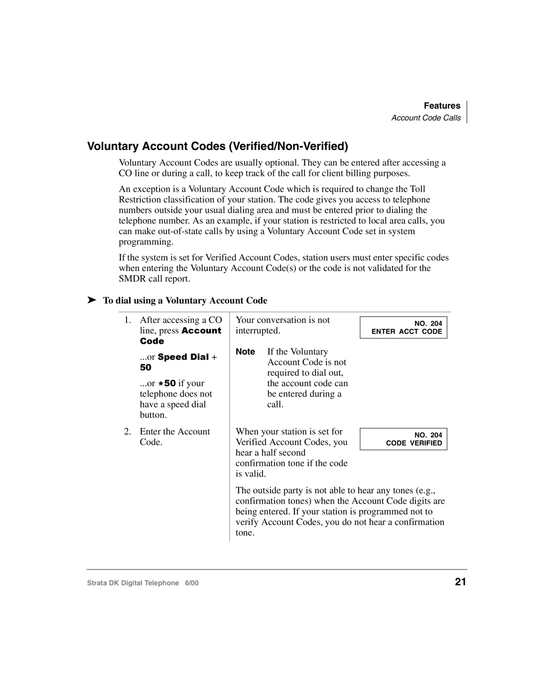 Toshiba 2000-series manual Voluntary Account Codes Verified/Non-Verified, To dial using a Voluntary Account Code 