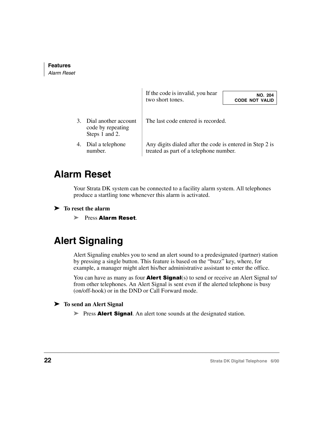 Toshiba 2000-series Alarm Reset, Alert Signaling, If the code is invalid, you hear Two short tones, To reset the alarm 