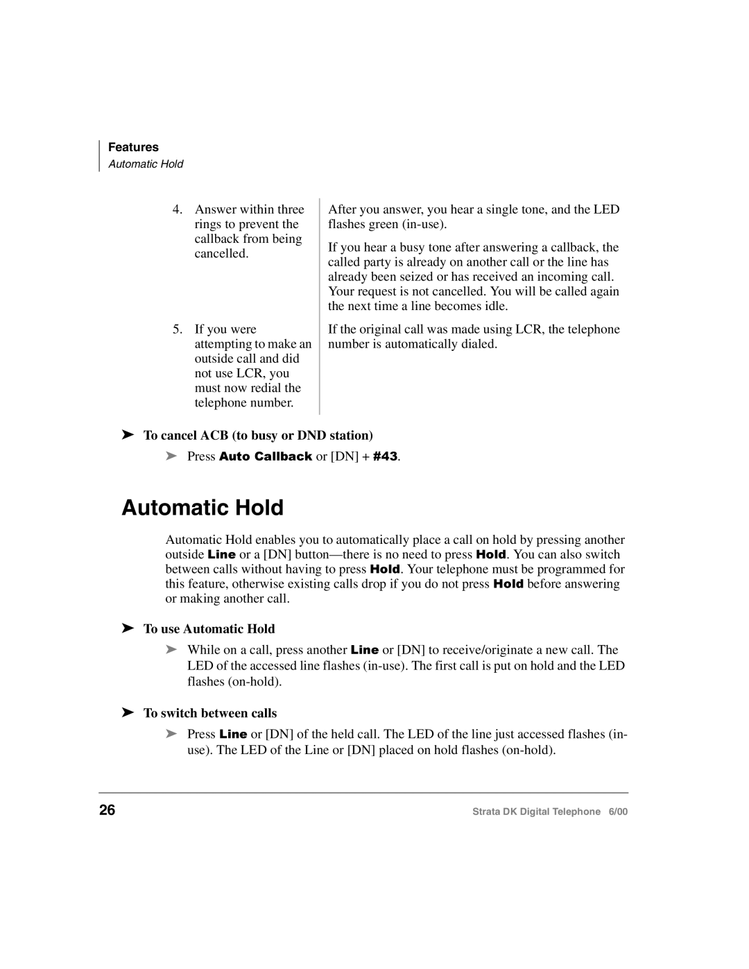 Toshiba 2000-series manual To cancel ACB to busy or DND station, To use Automatic Hold, To switch between calls 