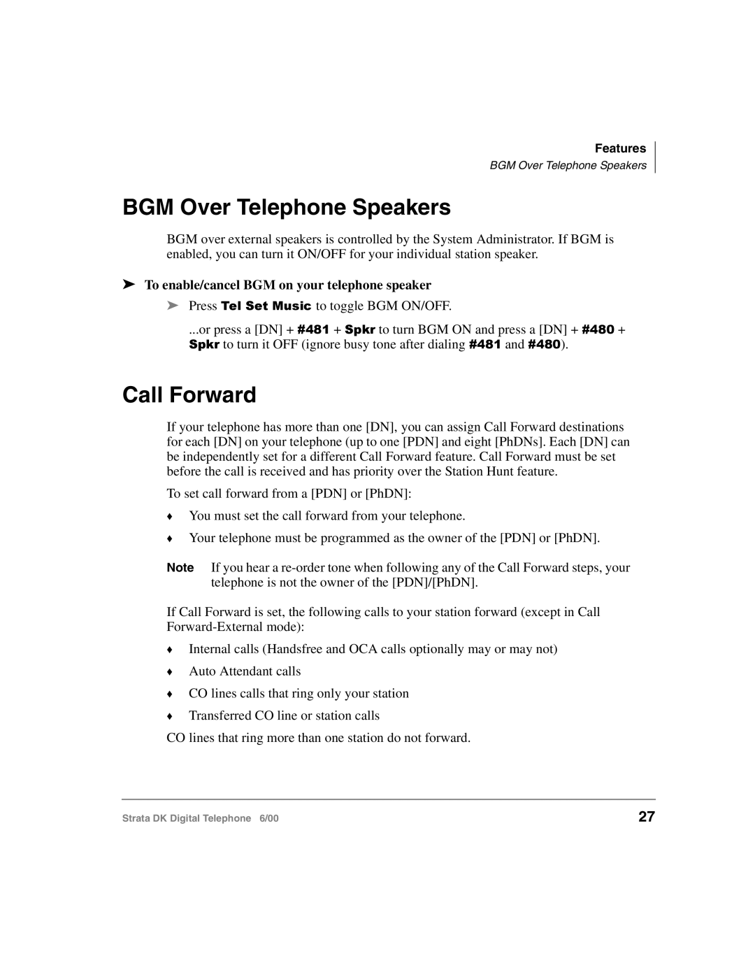 Toshiba 2000-series manual BGM Over Telephone Speakers, Call Forward, To enable/cancel BGM on your telephone speaker 