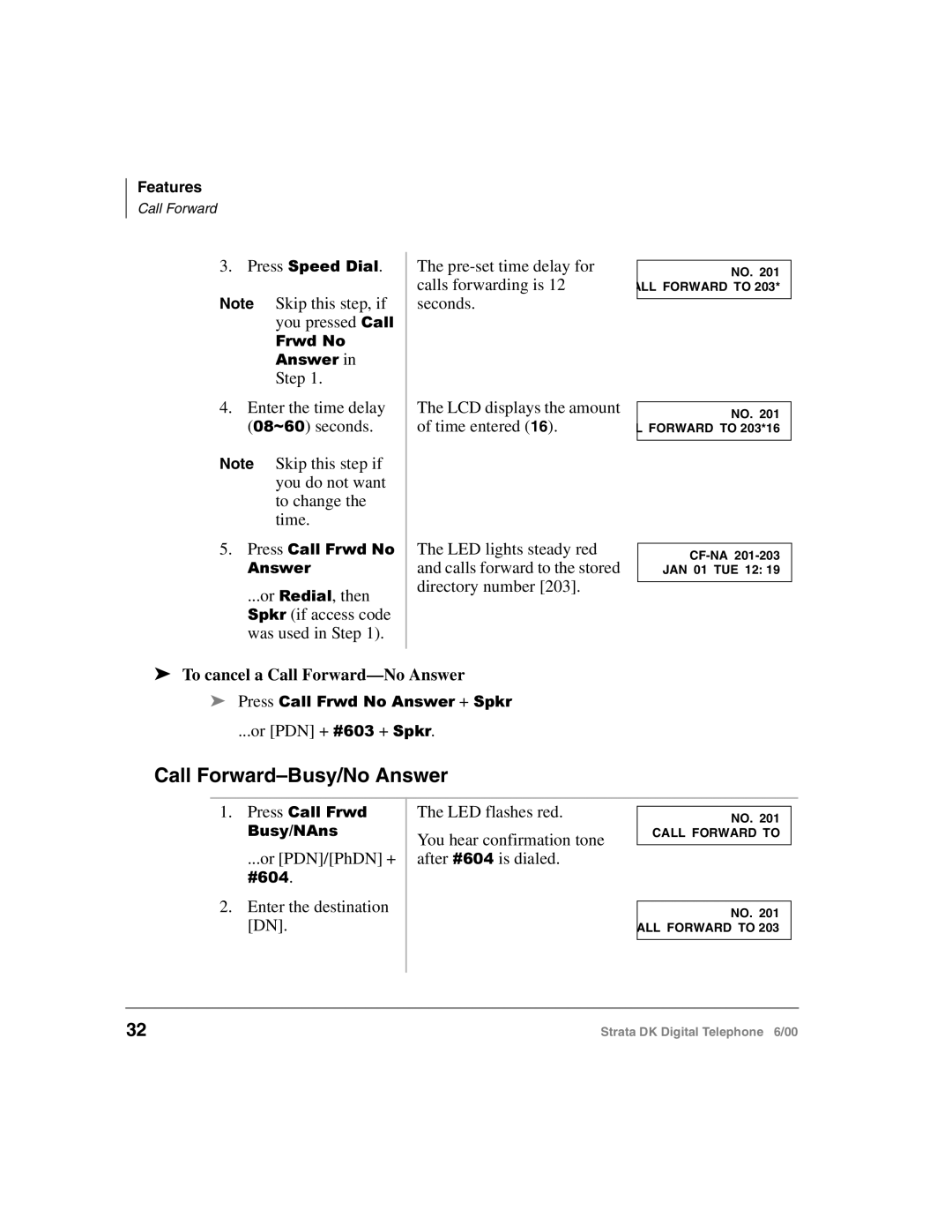 Toshiba 2000-series manual Call Forward-Busy/No Answer, To cancel a Call Forward-No Answer 