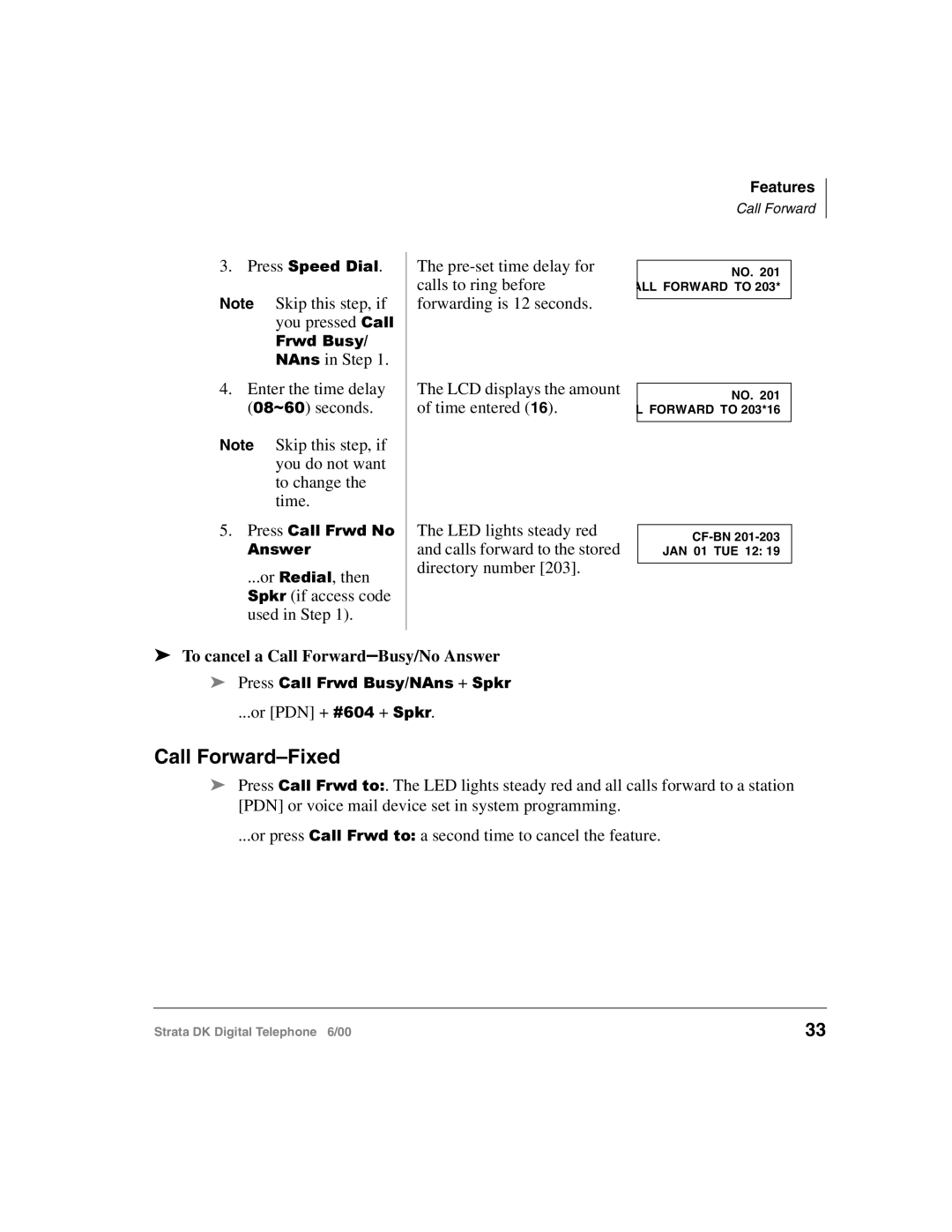 Toshiba 2000-series manual Call Forward-Fixed, To cancel a Call Forward-Busy/No Answer 