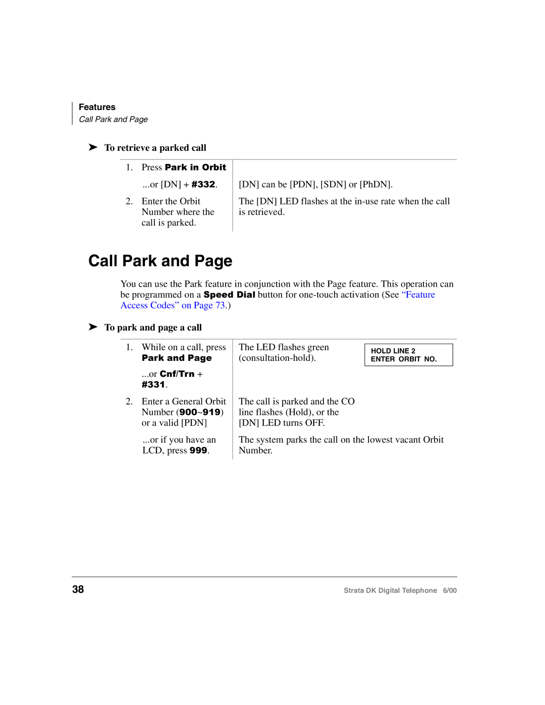 Toshiba 2000-series manual Call Park, To retrieve a parked call, To park and page a call 