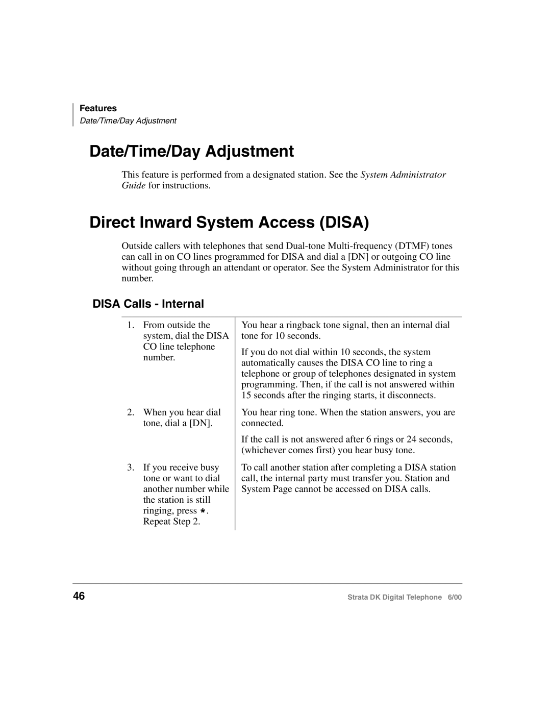 Toshiba 2000-series manual Date/Time/Day Adjustment, Direct Inward System Access Disa, Disa Calls Internal 