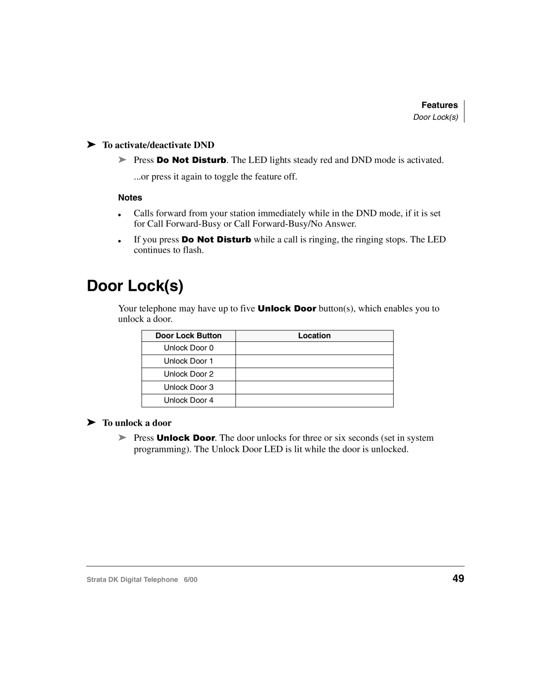 Toshiba 2000-series manual Door Locks, To activate/deactivate DND, To unlock a door 