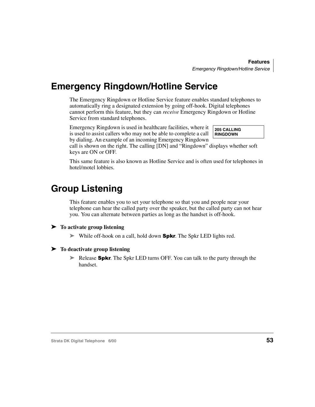 Toshiba 2000-series manual Emergency Ringdown/Hotline Service, Group Listening, To activate group listening 