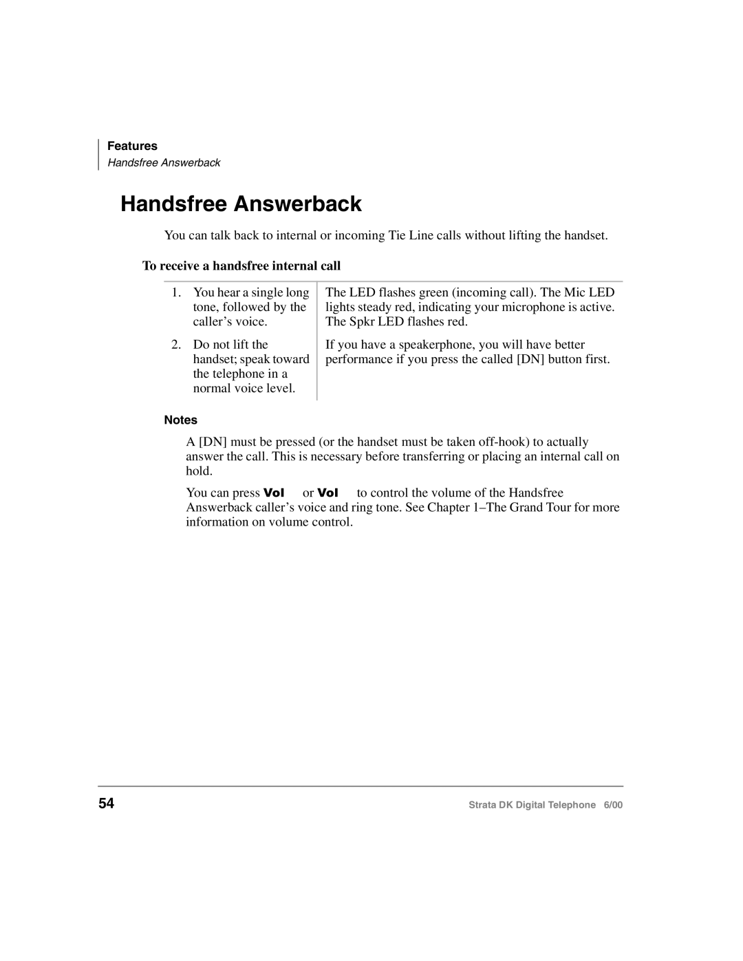 Toshiba 2000-series manual Handsfree Answerback, To receive a handsfree internal call 