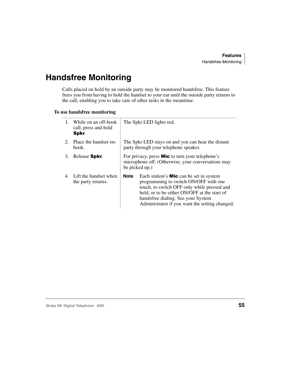 Toshiba 2000-series manual Handsfree Monitoring, To use handsfree monitoring 