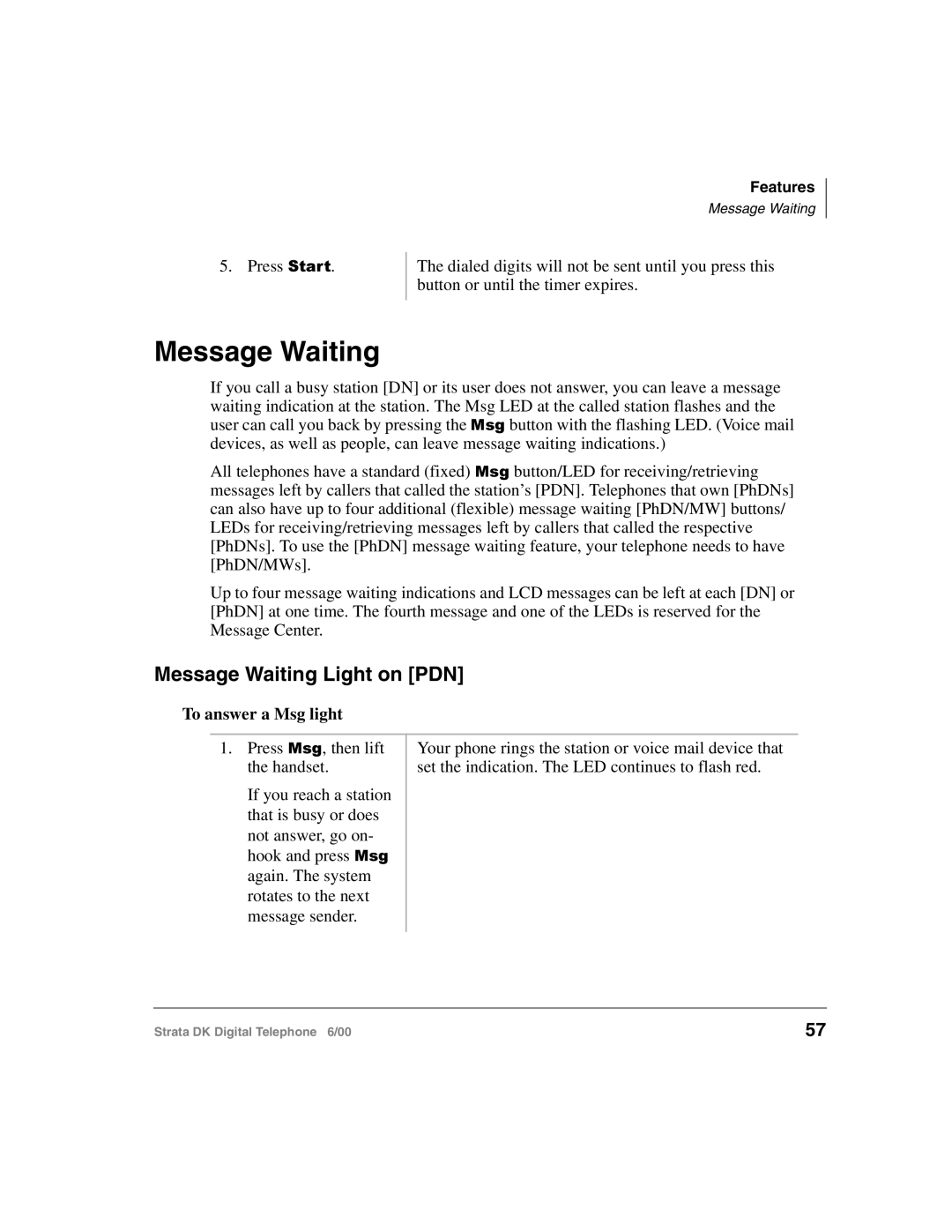 Toshiba 2000-series manual Message Waiting Light on PDN, To answer a Msg light 