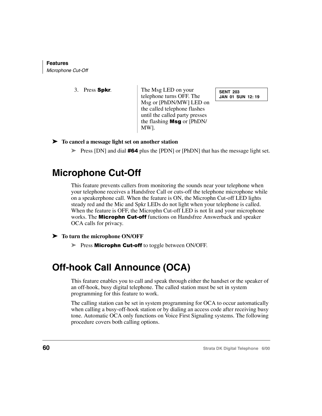 Toshiba 2000-series manual Microphone Cut-Off, Off-hook Call Announce OCA, To cancel a message light set on another station 