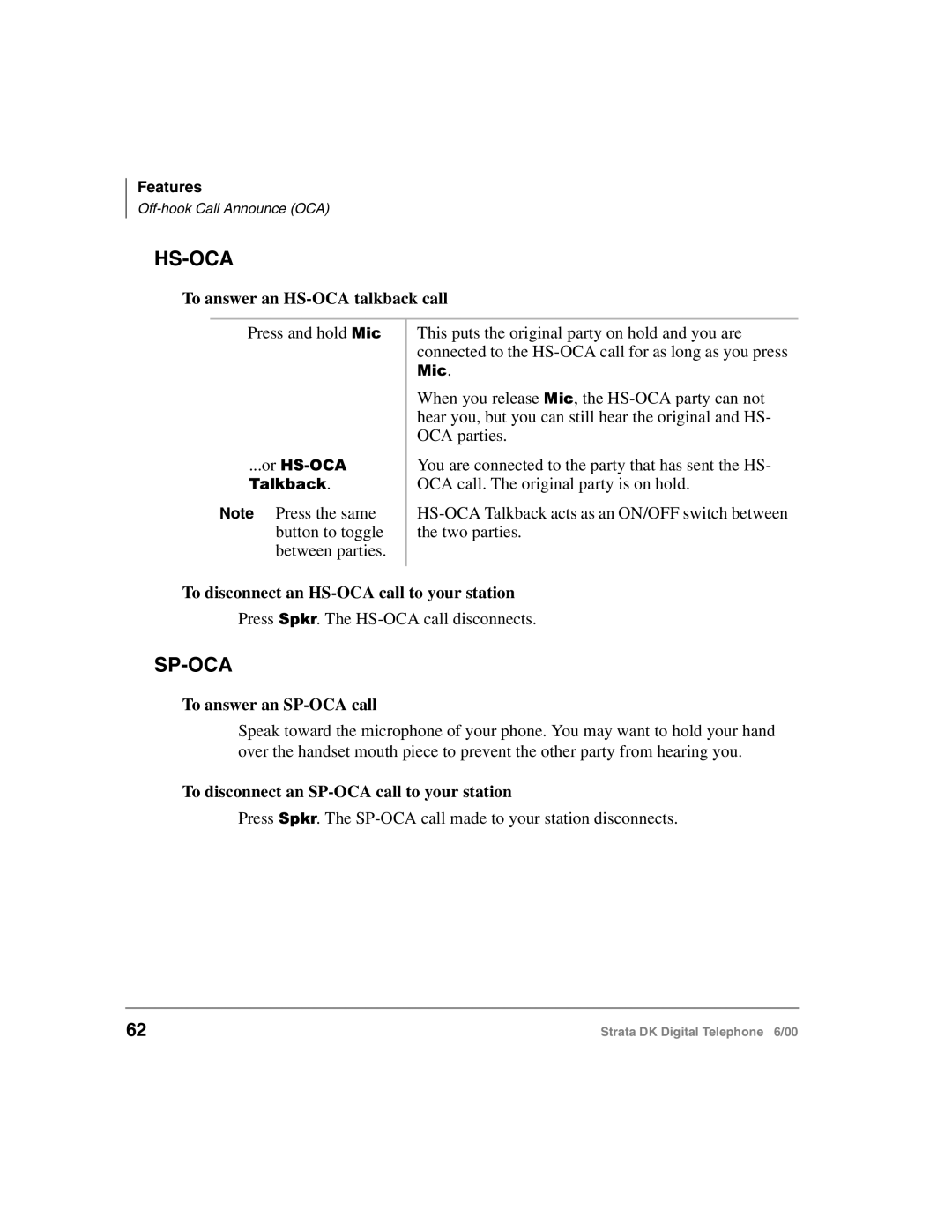 Toshiba 2000-series manual To answer an HS-OCA talkback call, To disconnect an HS-OCA call to your station 