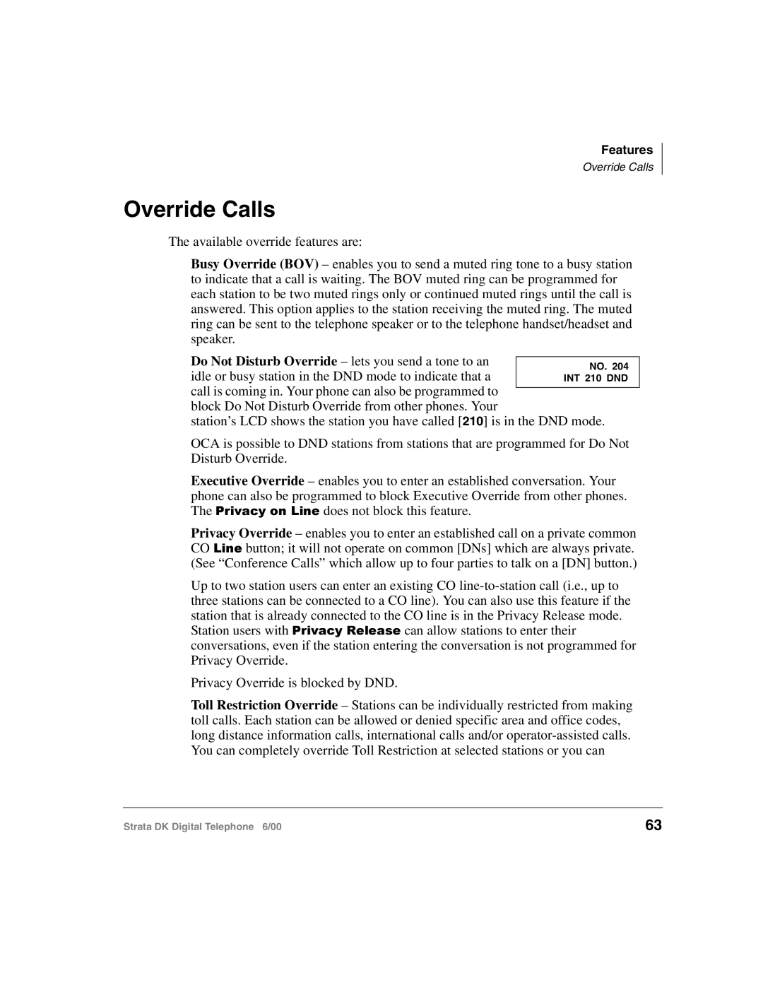 Toshiba 2000-series manual Override Calls 