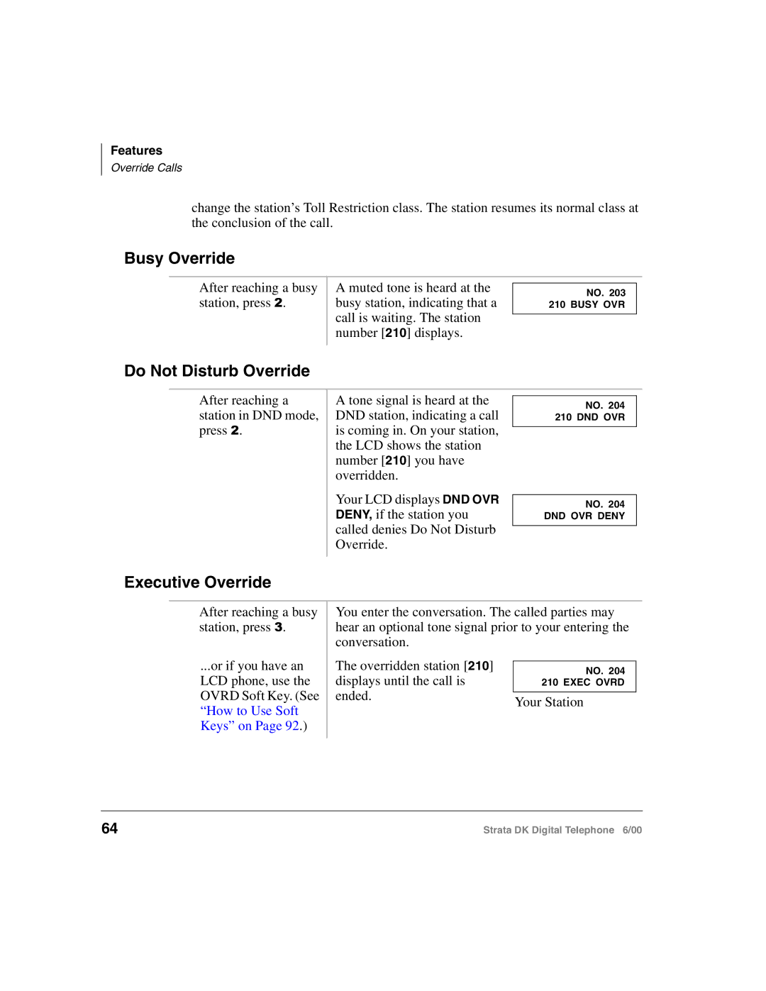 Toshiba 2000-series manual Busy Override, Do Not Disturb Override, Executive Override 