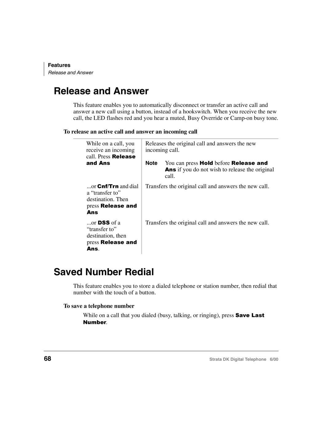 Toshiba 2000-series manual Release and Answer, Saved Number Redial, To release an active call and answer an incoming call 