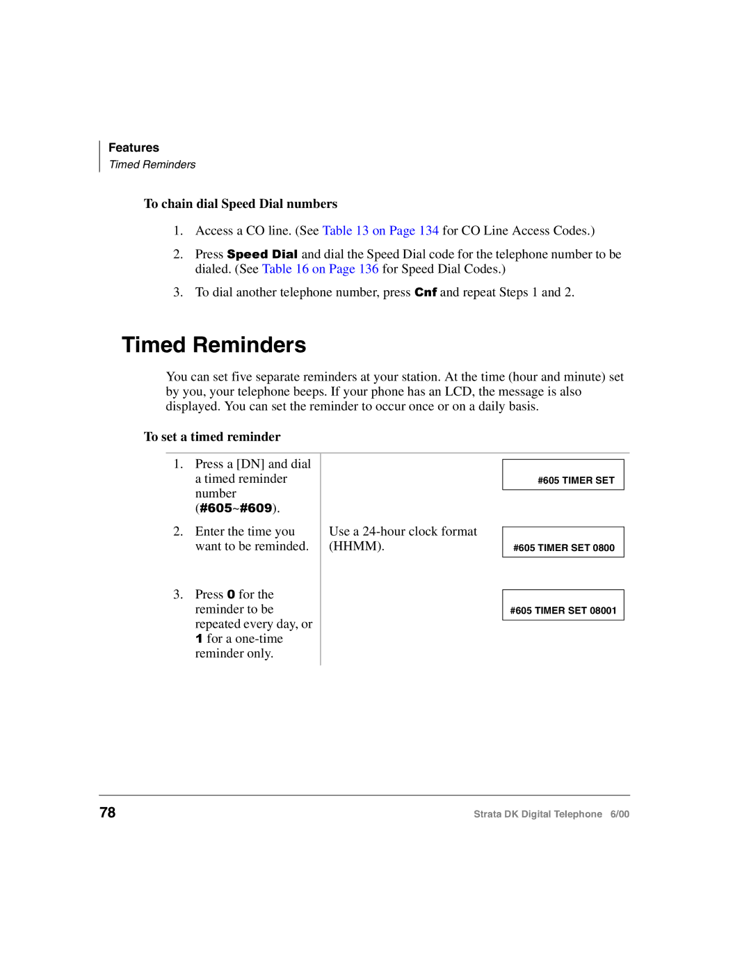 Toshiba 2000-series manual Timed Reminders, To chain dial Speed Dial numbers, To set a timed reminder 