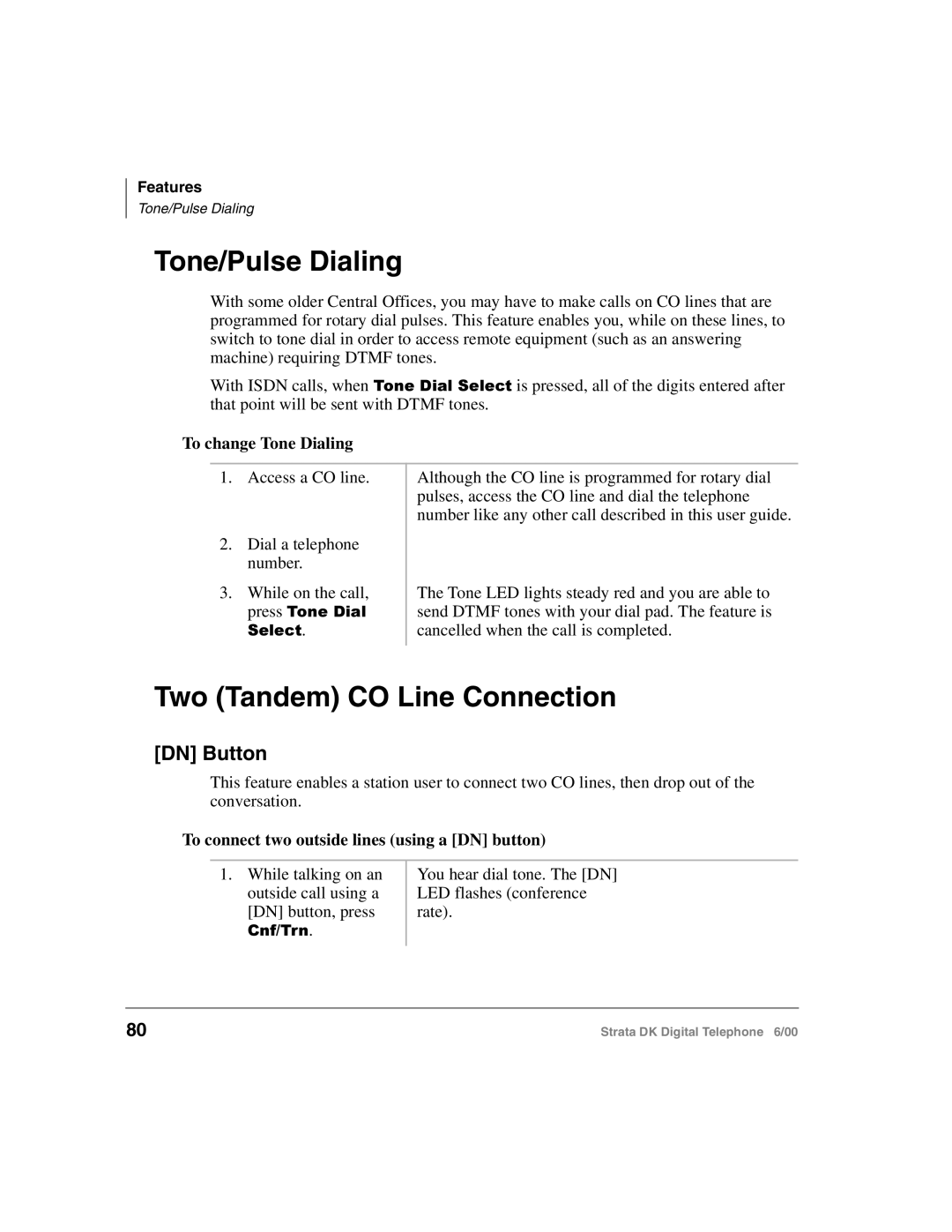 Toshiba 2000-series manual Tone/Pulse Dialing, Two Tandem CO Line Connection, DN Button, To change Tone Dialing 