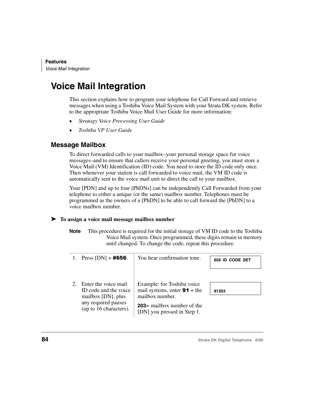 Toshiba 2000-series manual Voice Mail Integration, Message Mailbox, To assign a voice mail message mailbox number 