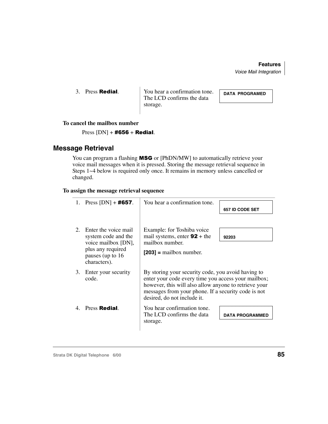 Toshiba 2000-series manual Message Retrieval, To cancel the mailbox number, To assign the message retrieval sequence 