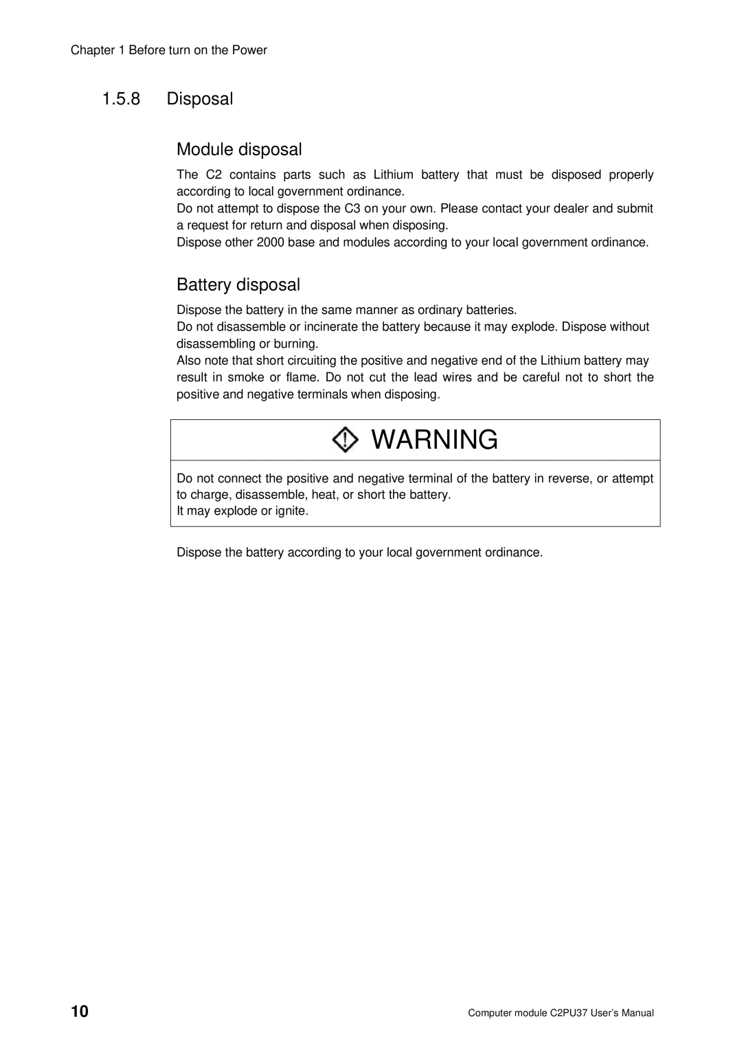 Toshiba 2000 user manual Disposal Module disposal, Battery disposal 