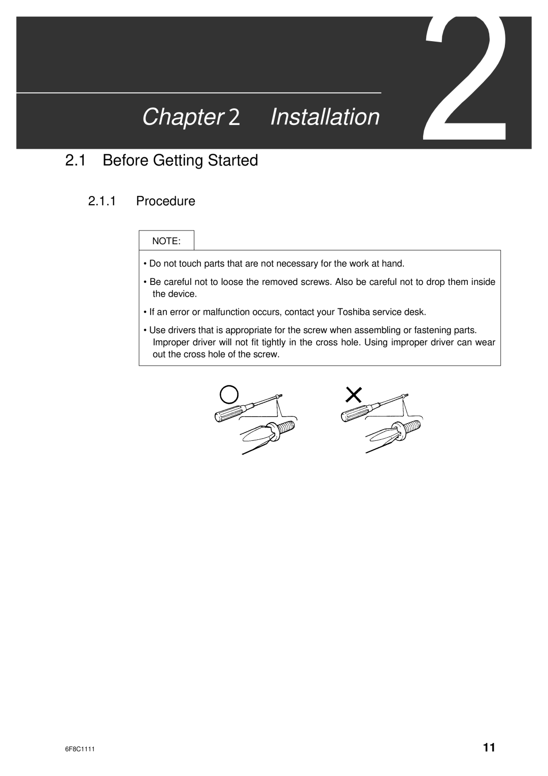 Toshiba 2000 user manual Installation, Before Getting Started, Procedure 