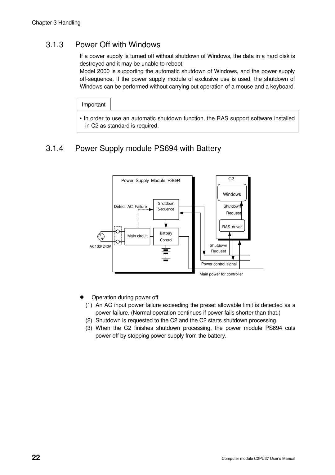 Toshiba 2000 user manual Power Off with Windows, Power Supply module PS694 with Battery 