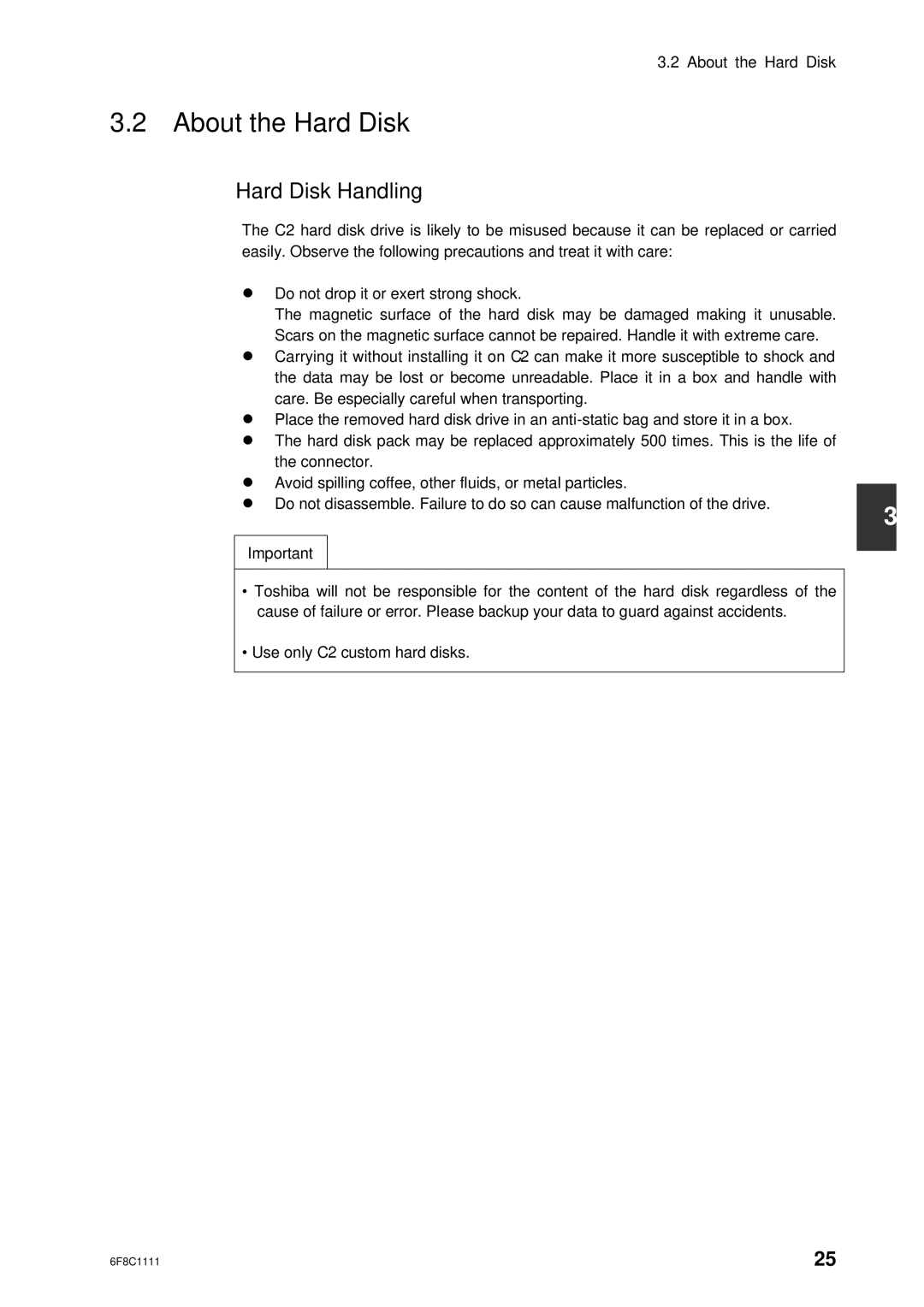 Toshiba 2000 user manual About the Hard Disk, Hard Disk Handling 