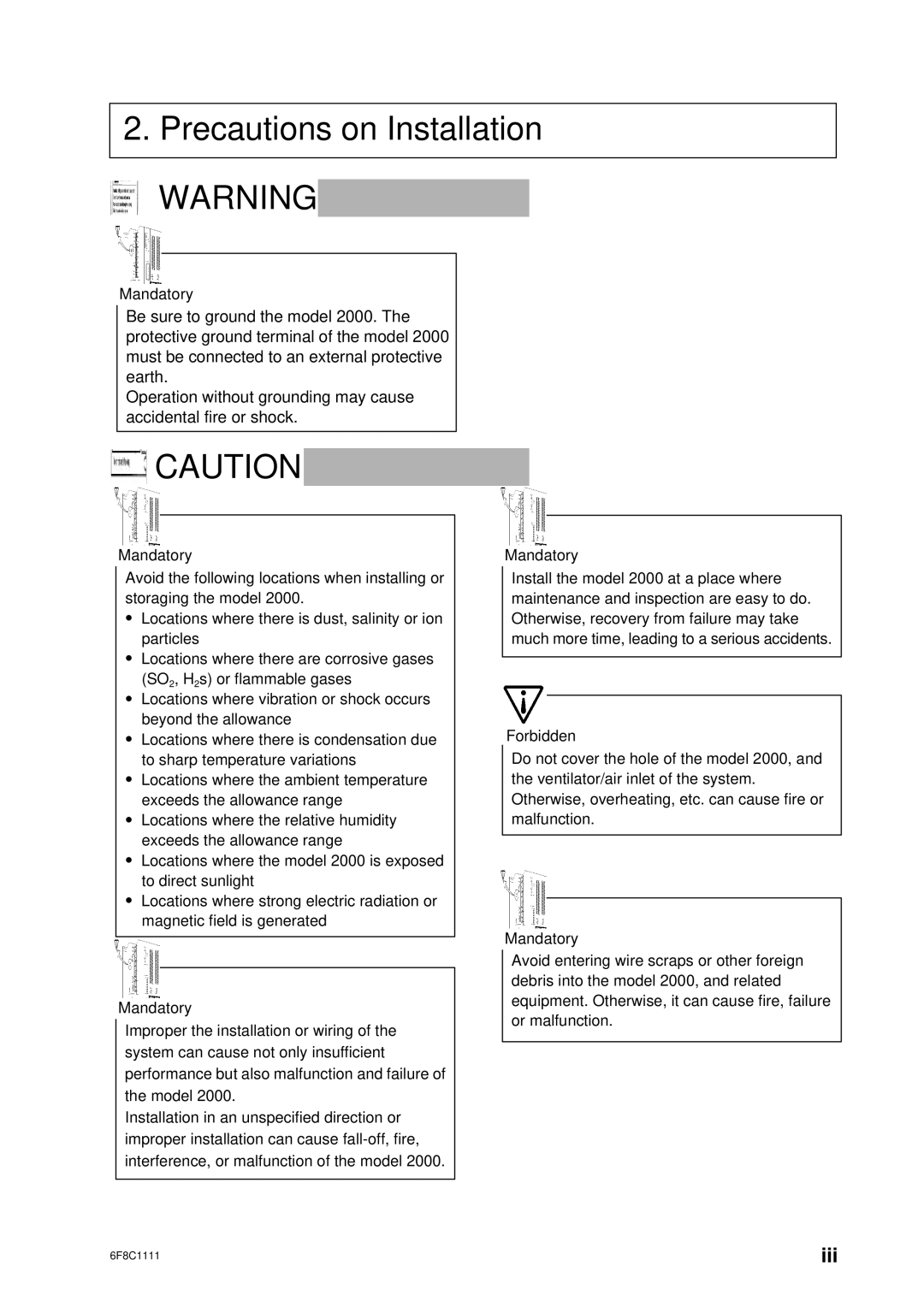 Toshiba 2000 user manual Precautions on Installation 