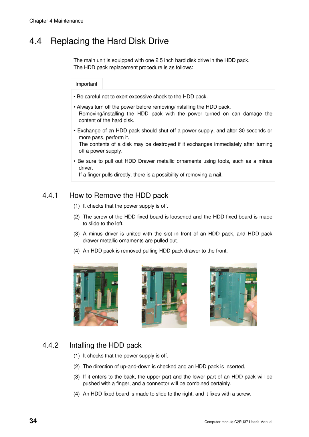 Toshiba 2000 user manual Replacing the Hard Disk Drive, How to Remove the HDD pack, Intalling the HDD pack 