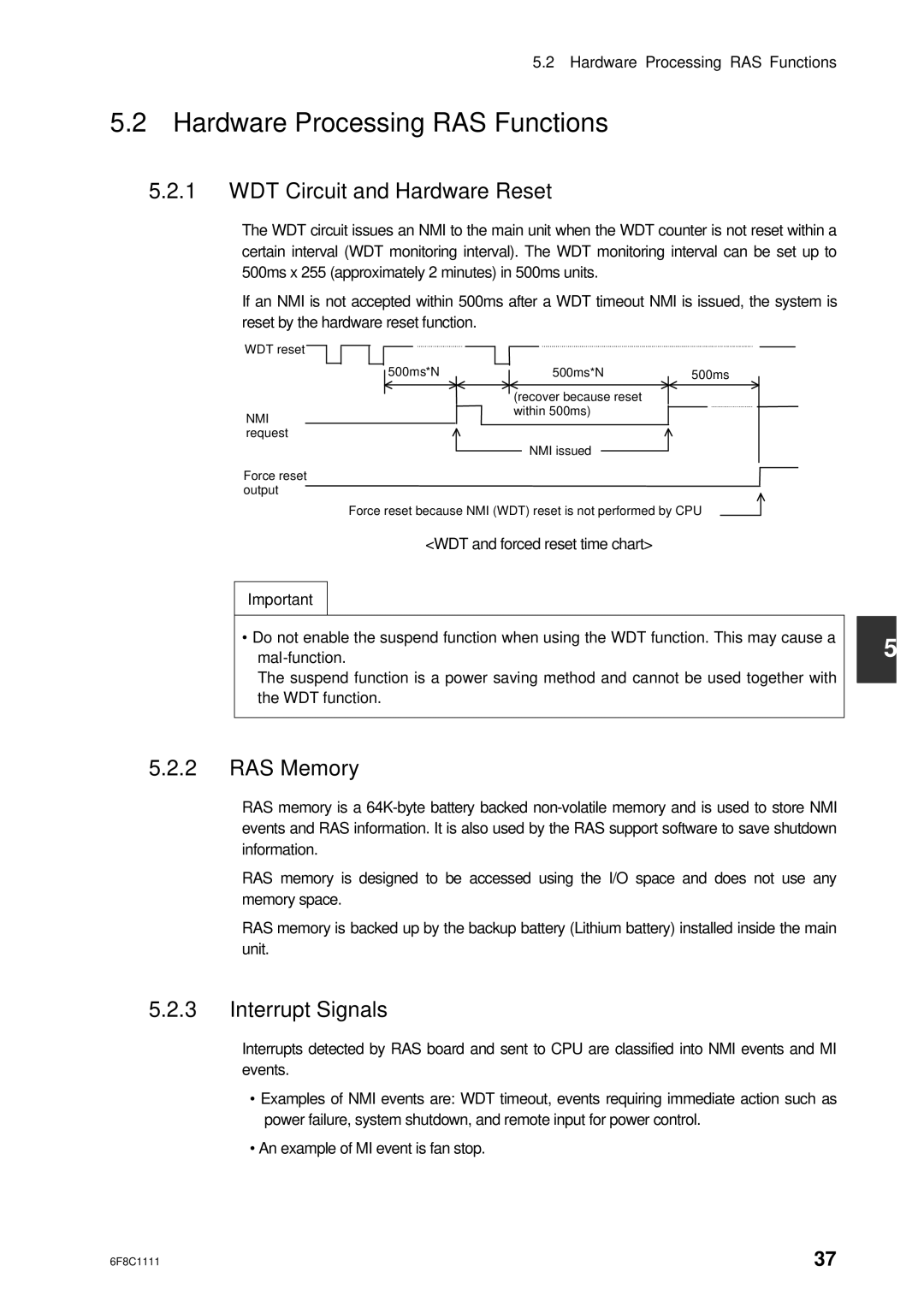 Toshiba 2000 user manual Hardware Processing RAS Functions, WDT Circuit and Hardware Reset, RAS Memory, Interrupt Signals 