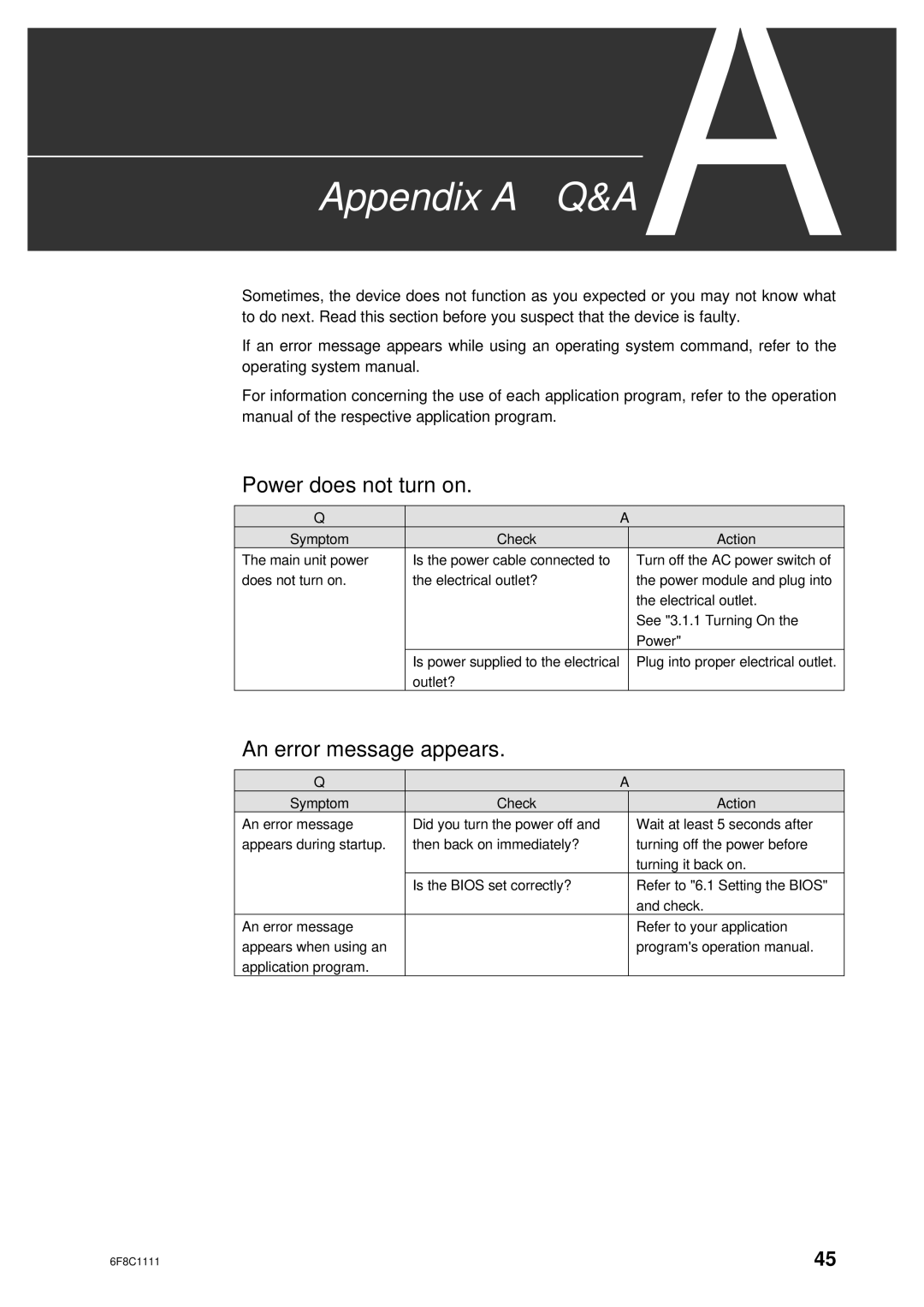 Toshiba 2000 user manual Appendix a Q&A, Power does not turn on, An error message appears 