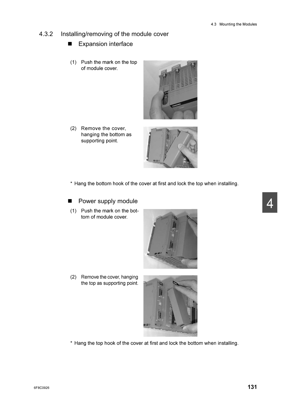 Toshiba 2000 manual TSDQVLRQRI3XVKPRGXOHWKHPDUNFRYHULQWHUIDFHRQWKHWRS, T33XVKWKHPDUNRQWKHERWWRPRIPRGXOHFRYHUZHUVXSSO\PRGXOH 