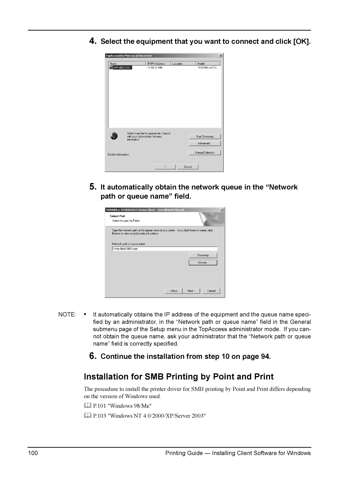 Toshiba 3511, 200L, 280, 230L, e-Studio 350 manual Installation for SMB Printing by Point and Print 