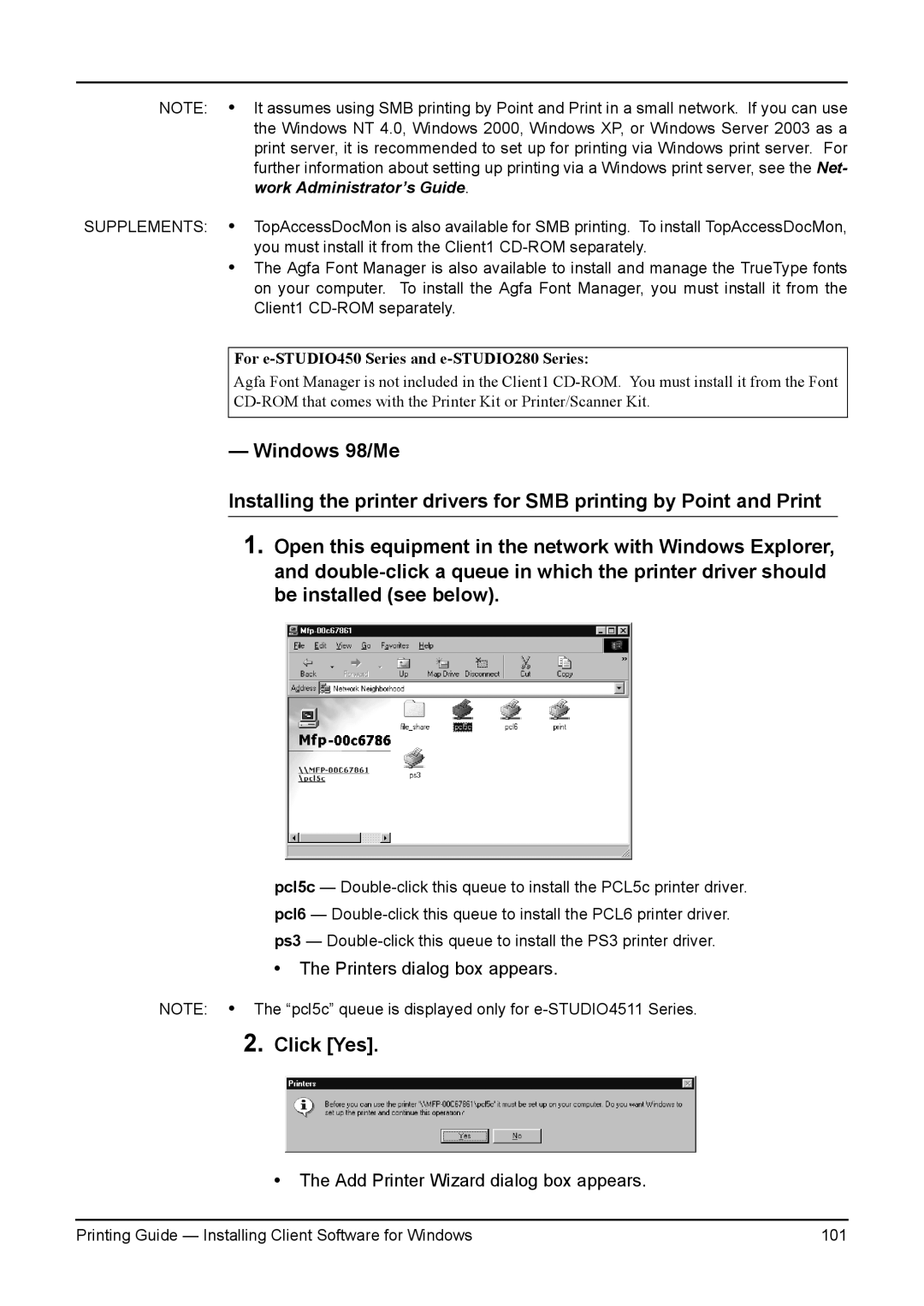 Toshiba e-Studio 350, 200L, 280, 230L, 3511 manual Printers dialog box appears 