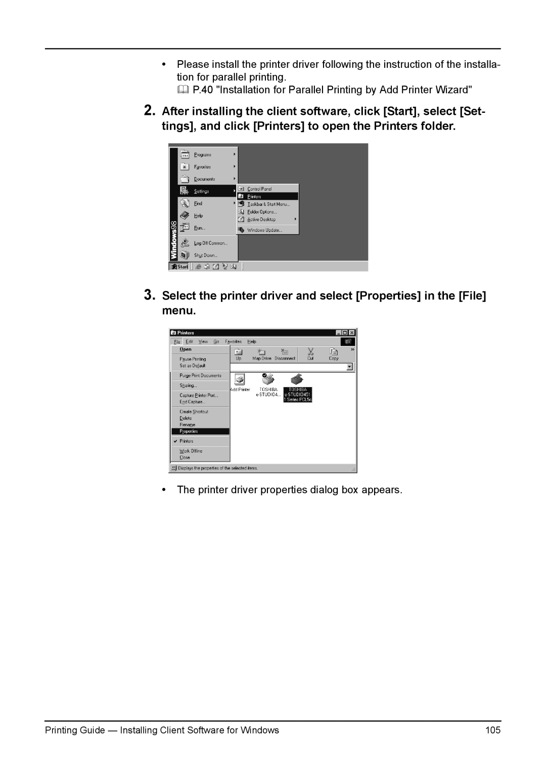 Toshiba 230L, 200L, 280, 3511, e-Studio 350 manual Printing Guide Installing Client Software for Windows 105 