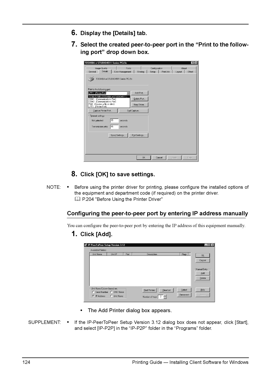 Toshiba 3511, 200L, 280, 230L, e-Studio 350 manual Click Add, Add Printer dialog box appears 