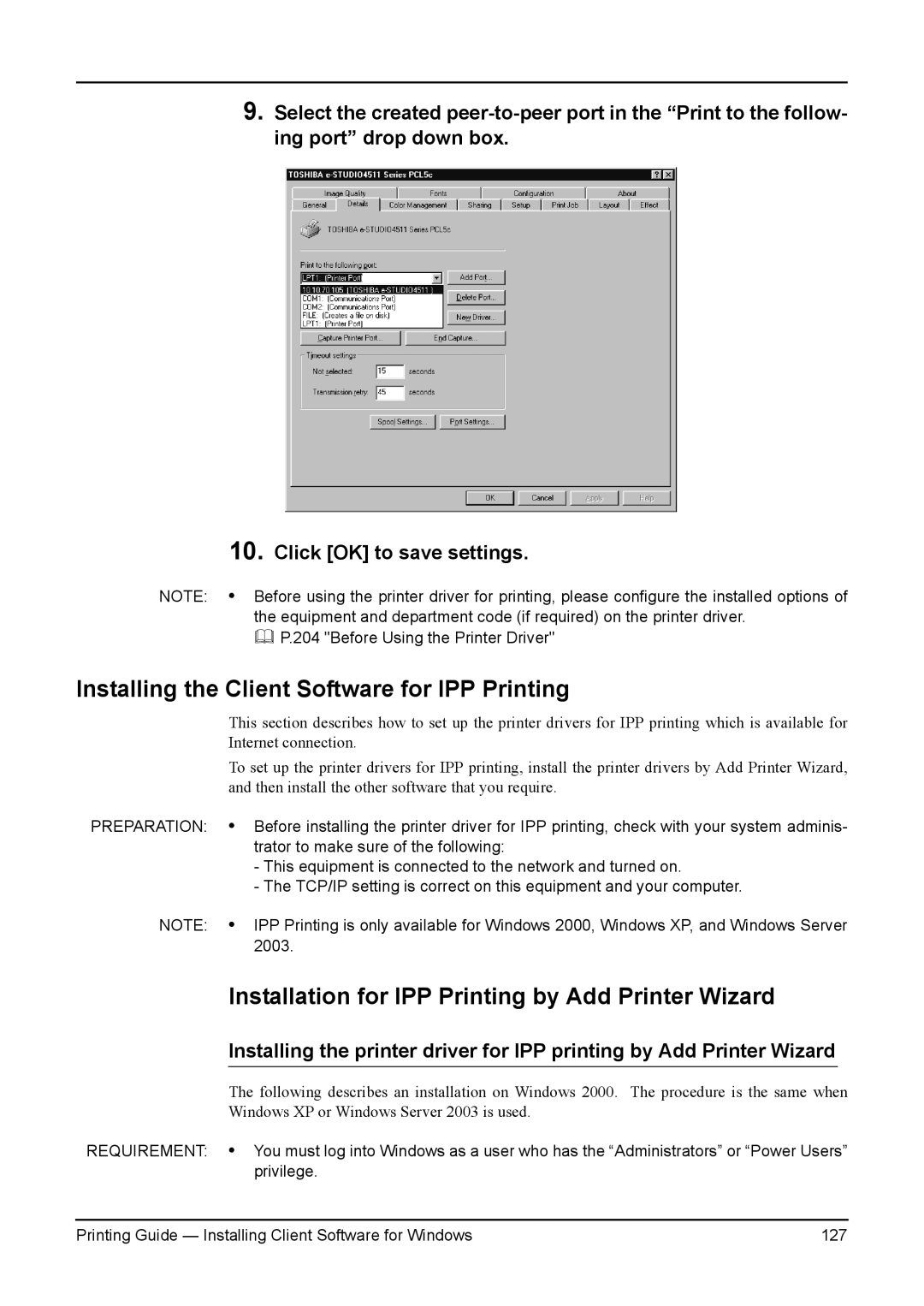 Toshiba 230, 200L, 280 Installing the Client Software for IPP Printing, Installation for IPP Printing by Add Printer Wizard 